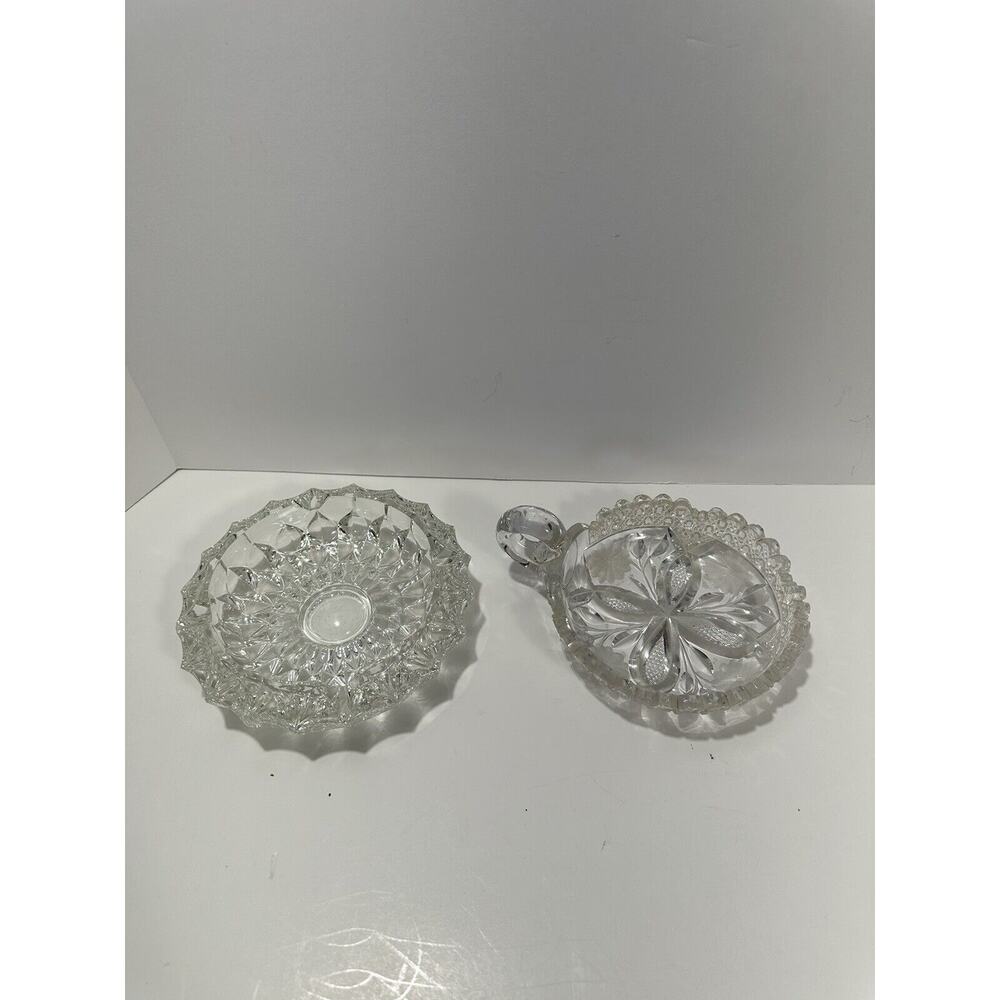 Lot 2 Vintage Large Lead Crystal Cut Clear Glass Ashtray 7” Heavy Dish Etched